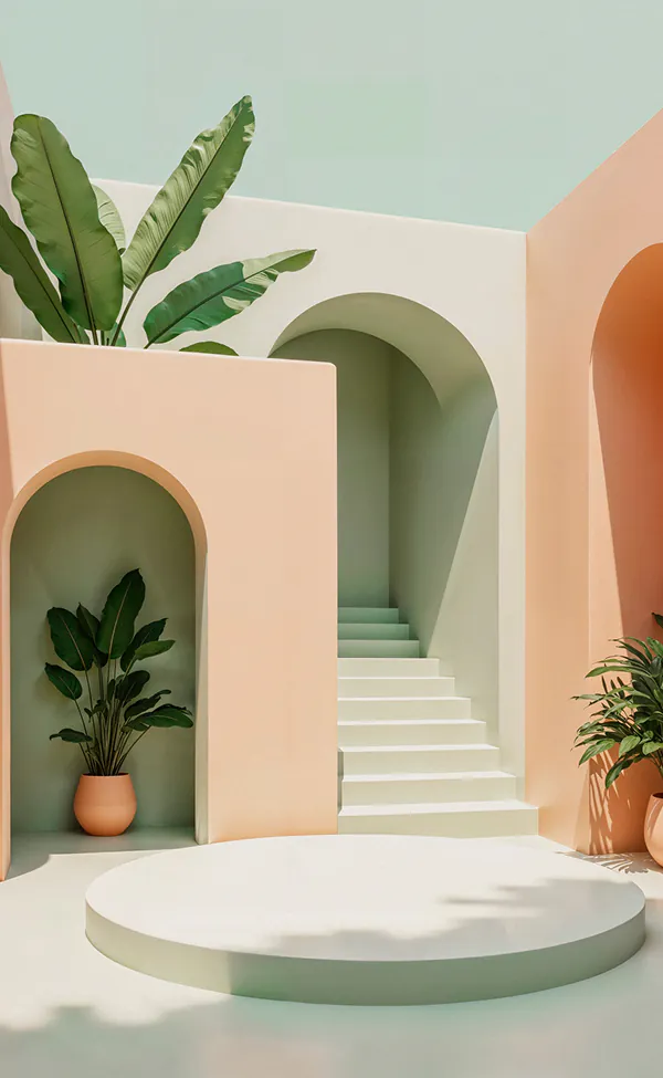 Pastel architectural scene with arched doorways, stairs, and potted plants